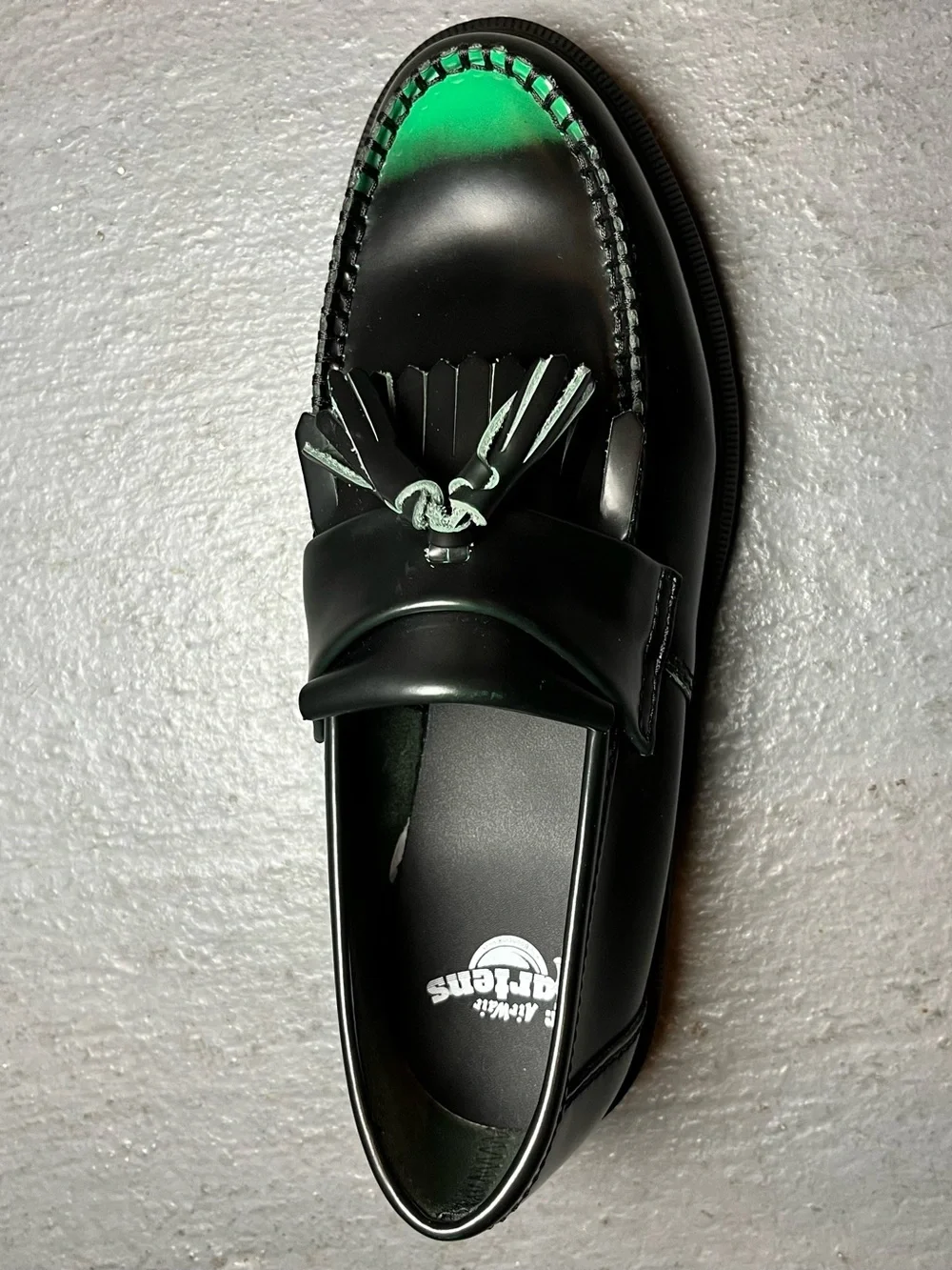 Dr. Martens Black Loafers with Green Toe Accent and Tassels